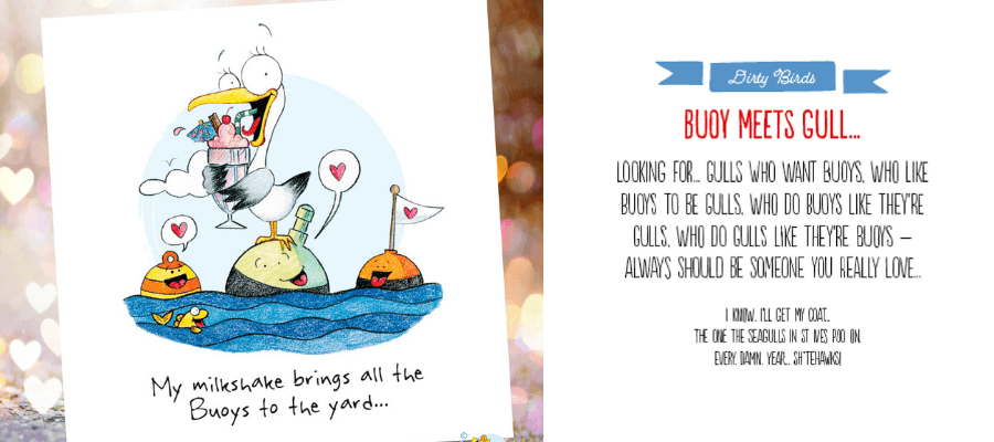 Dippyfish Valentine's day cards, milkshake, gull, card funny design