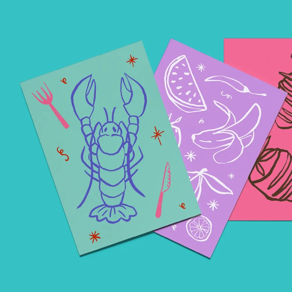 Three Giclée Art Prints with different illustrations including a lobster and different fruits. 