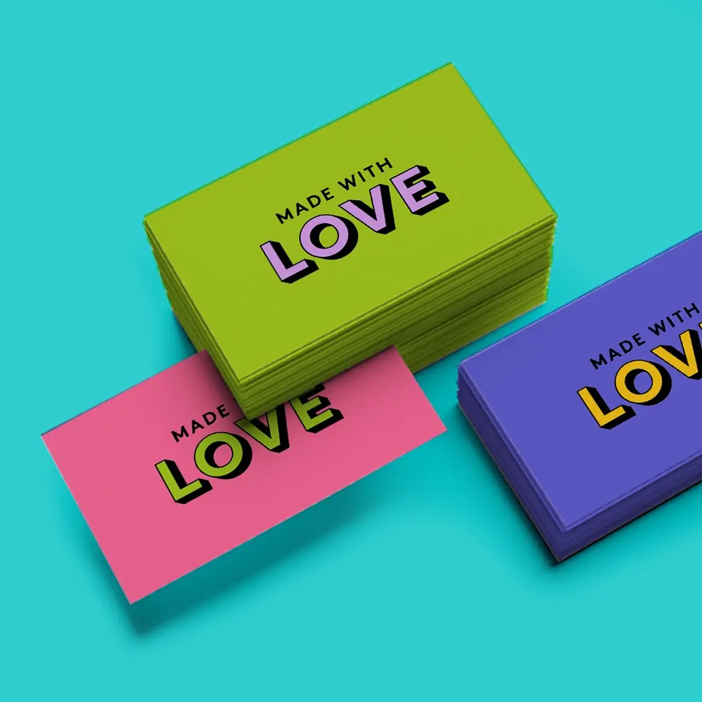 Colourful Business Cards that each read "made with love".