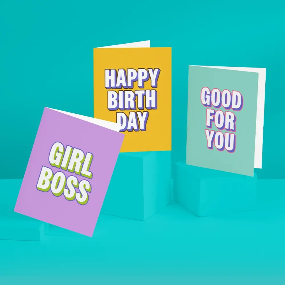 Three Greeting Cards on a turquoise background.
