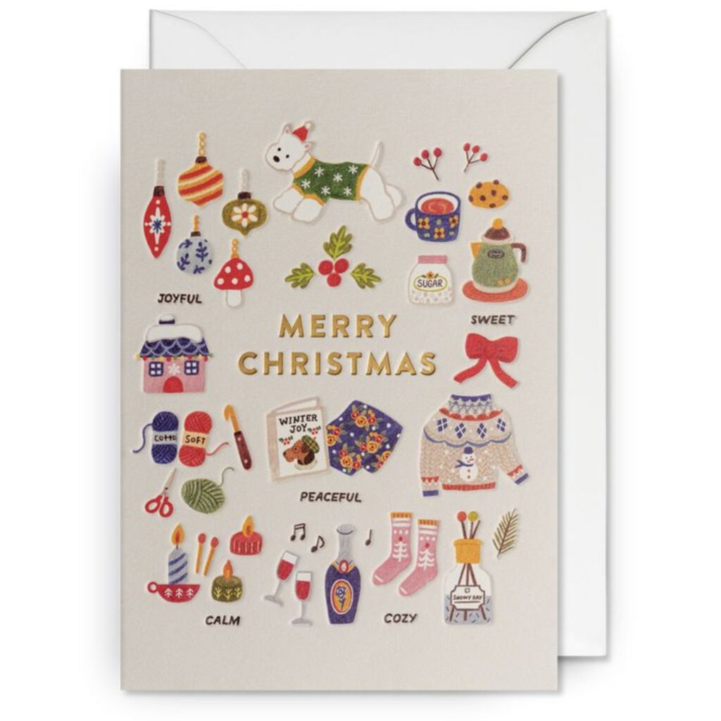 A embossed Christmas card with multiple cartoon images on from a dog wearing a santa hat to baubles and a christmas jumper
