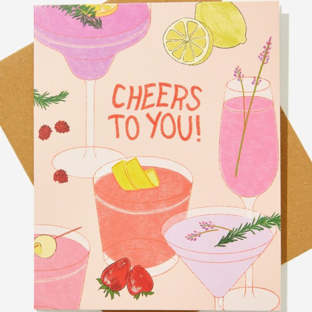 Greeting card with wavy text with cocktails