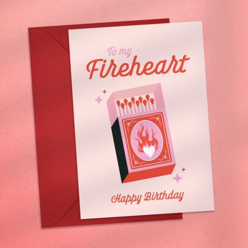 pink card with a red envelope with bold text and a match box illustration