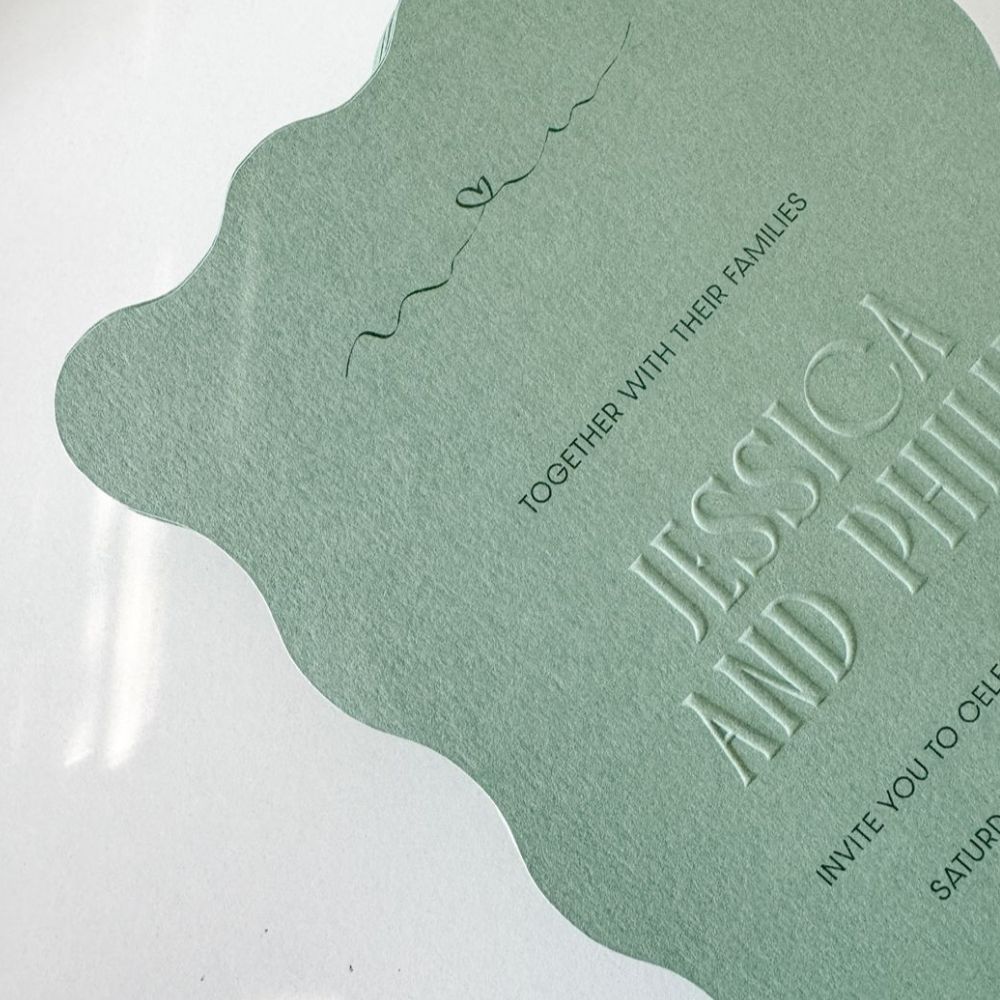 Wavy Embossed Rebel Reflect Sage Green Wedding Invite