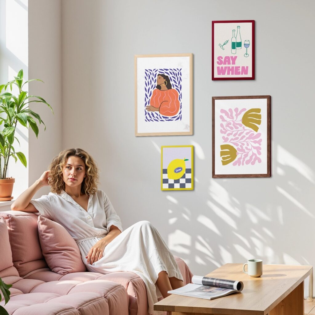 A woman with curly hair sits on a pink sofa with a gallery wall on the wall behind her.