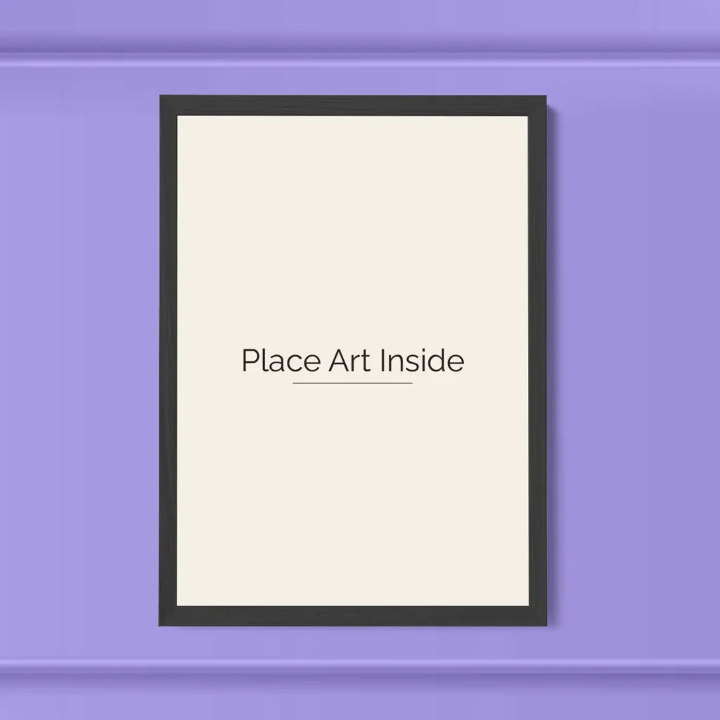 A black Wall Frame with a white insert that reads: "place art inside". It is set against a purple background.