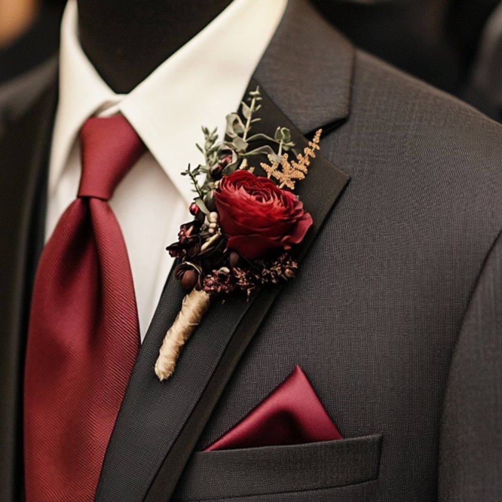 A close-up photograph of a grey suit with a burgundy tie, pocket square, and button hole flower. 