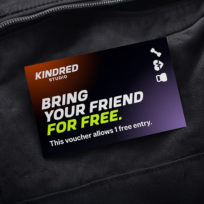 A rectangular card with "Bring your friend for free" text.