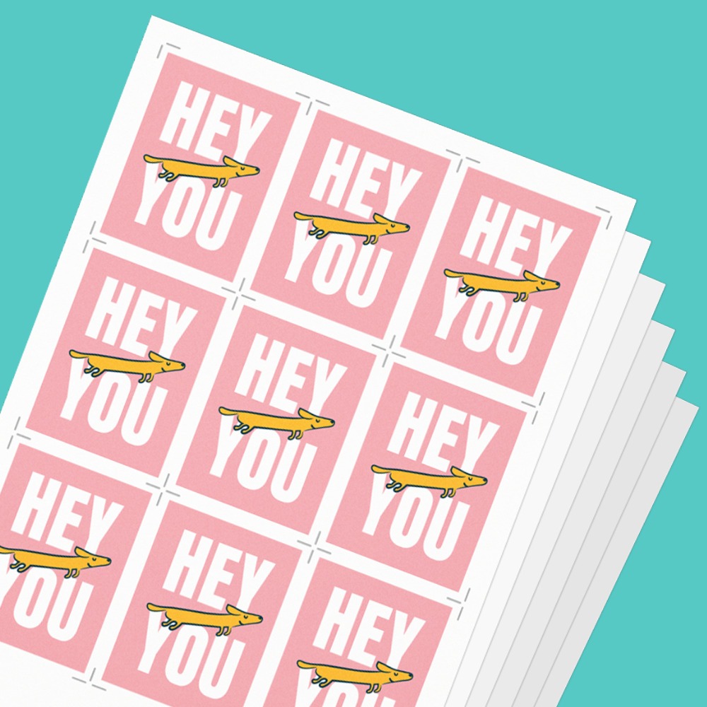 SRA3 sheets with a design that reads "hey you" with a yellow illustrated dog.