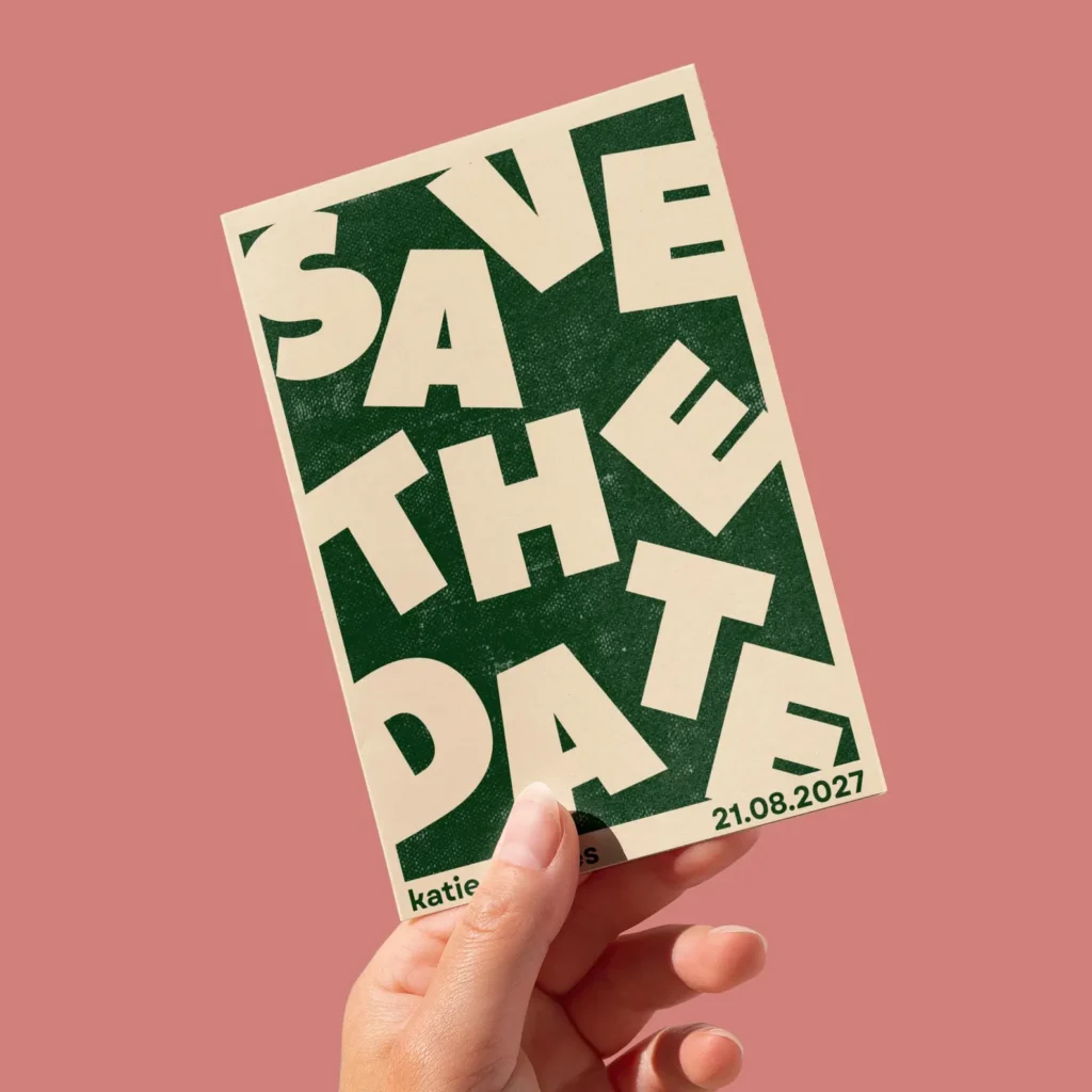 A Save the Date with large, bold lettering on a green background. 