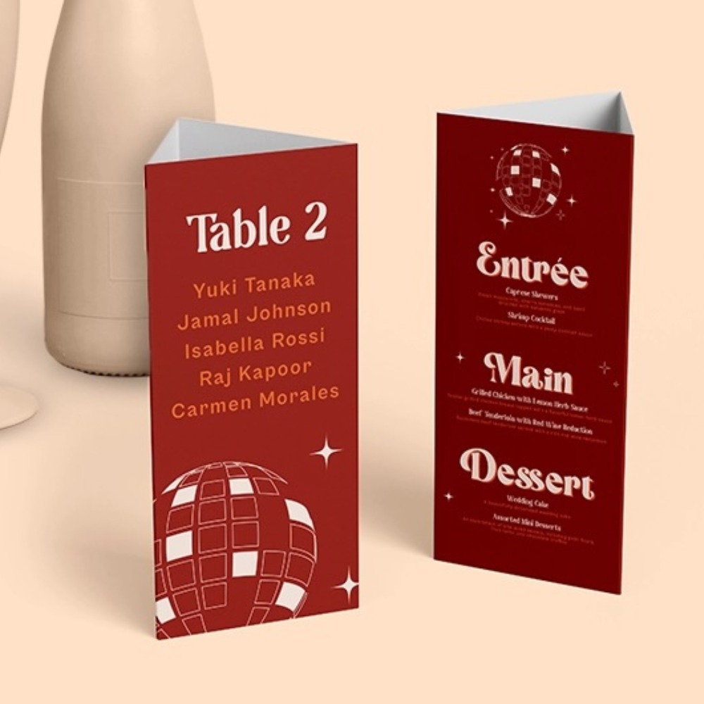 Two wedding Table Talkers, one with a list of guests, and another with the menu. 