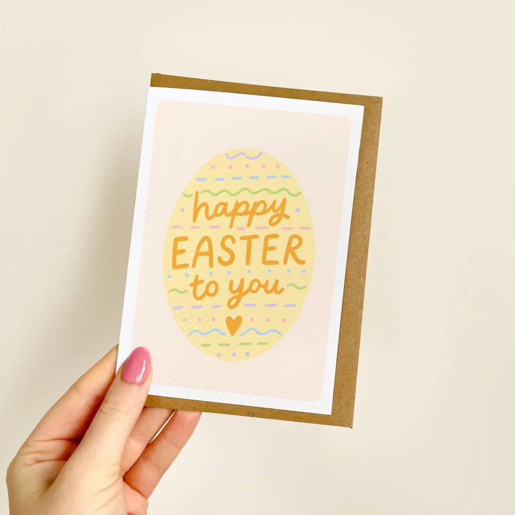 Pastel Easter egg illustration on a white card with the text “happy Easter to you.”
