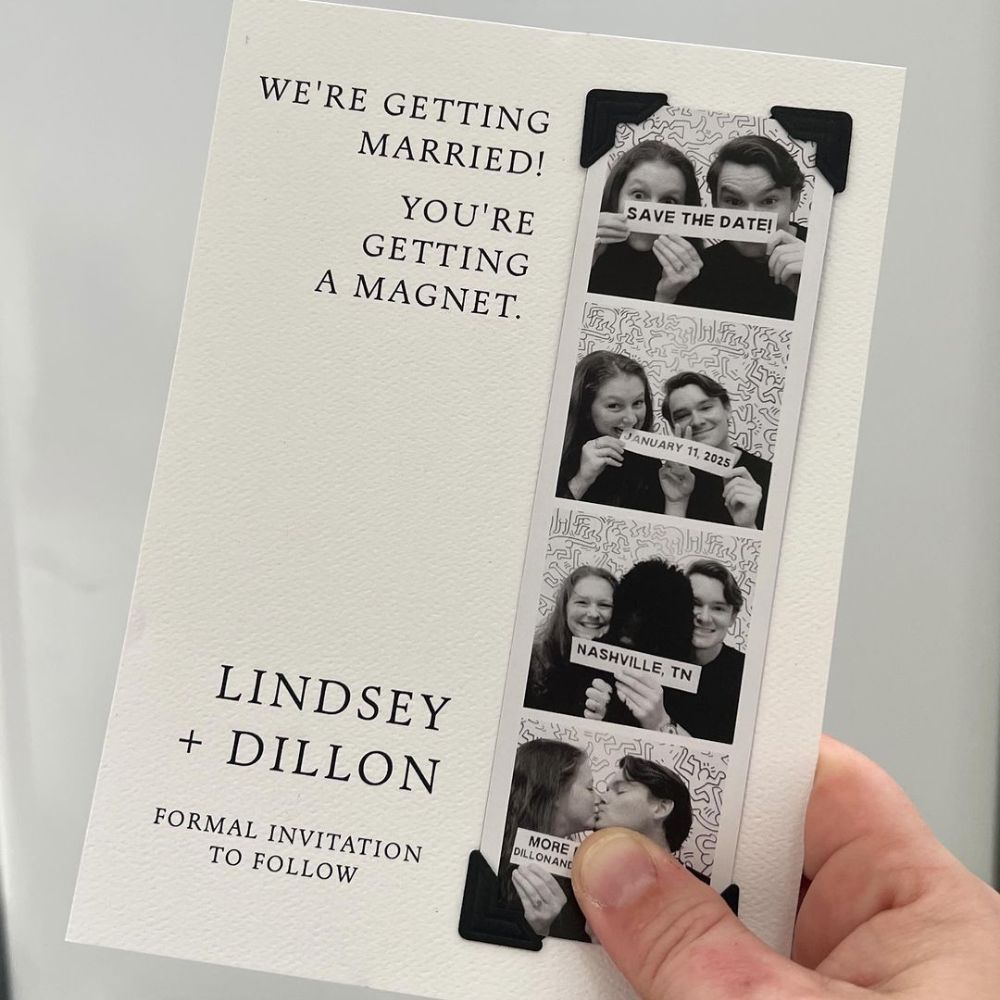 A Save the Date in magnet form. It features photobooth pictures of the couple. 