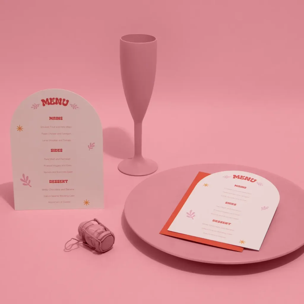 Two arch shaped Wedding Menus photographed on a pink background.