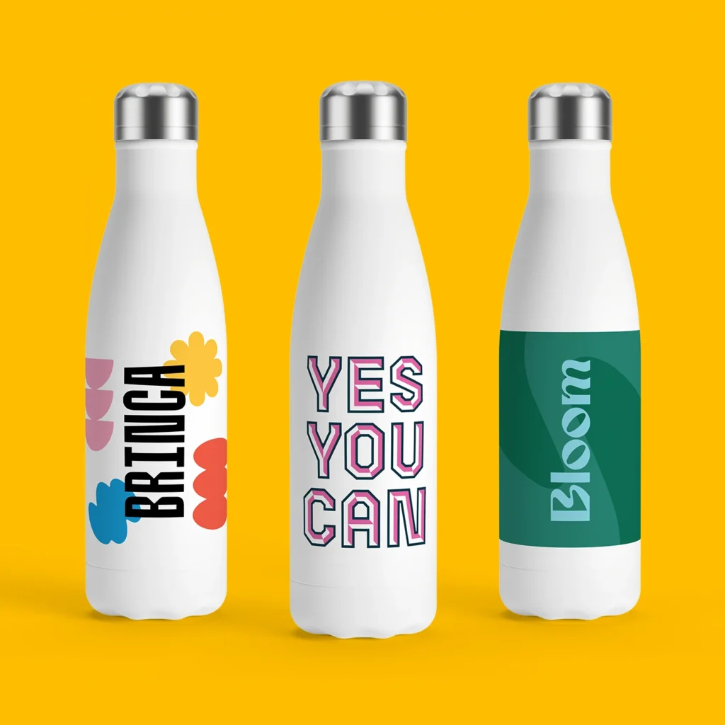 Three Branded Water Bottles on a yellow background.