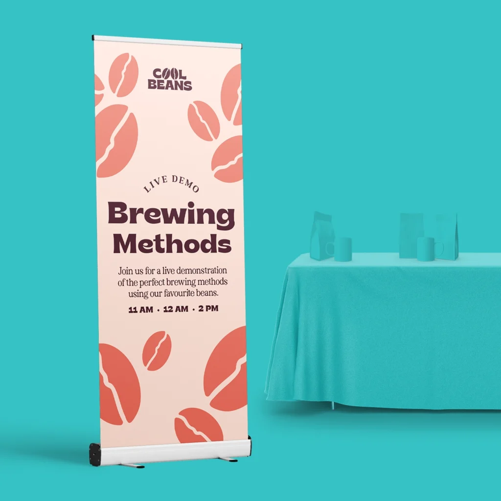 A Roller Banner with coffee bean illustrations, advertising a brewing methods workshop.