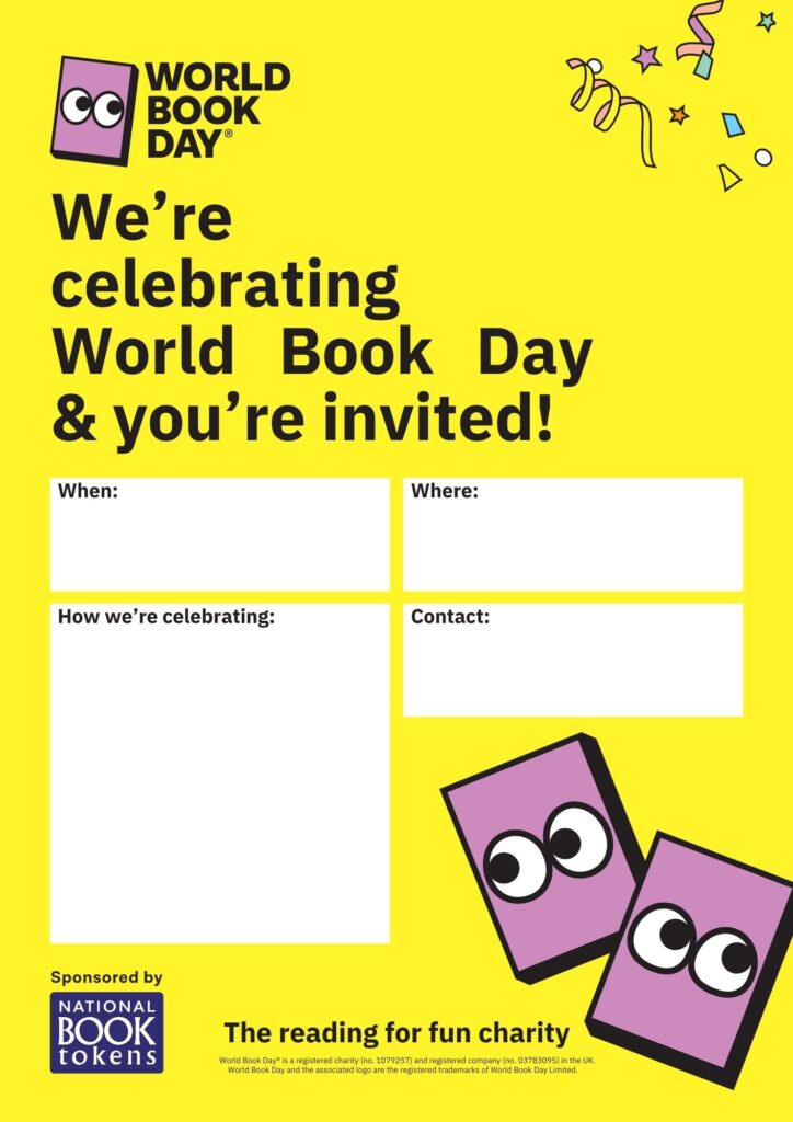 World Book Day poster template. It reads, "we're celebrating World Book Day and you're invited!"