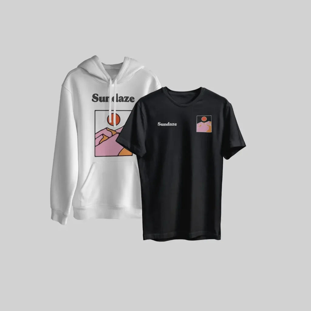 A white hoodie and a black T-shirt, both with "Sundaze" branding.