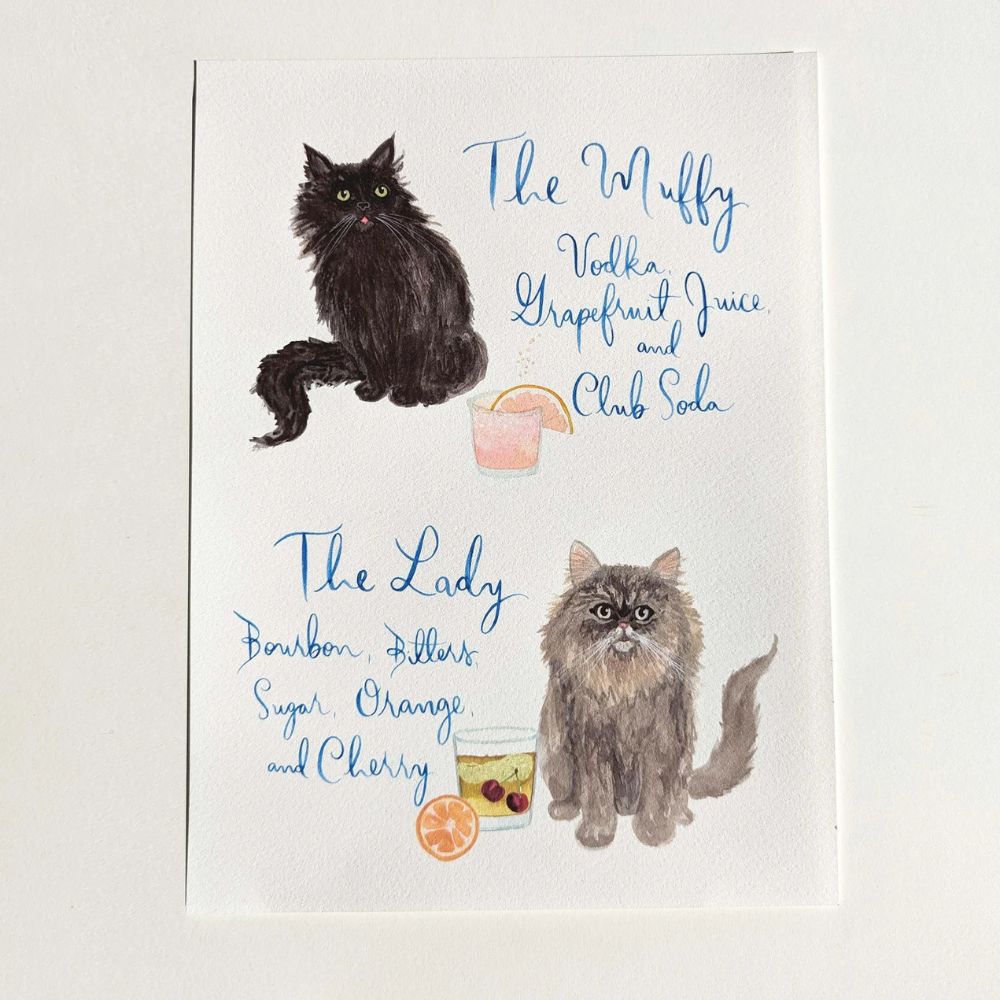 Two illustrated cats with custom cocktails named after them - "The Muffy" and "The Lady". 