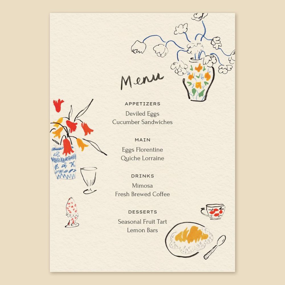 A hand drawn Wedding Menu featuring flowers, teacups and wine glasses. 