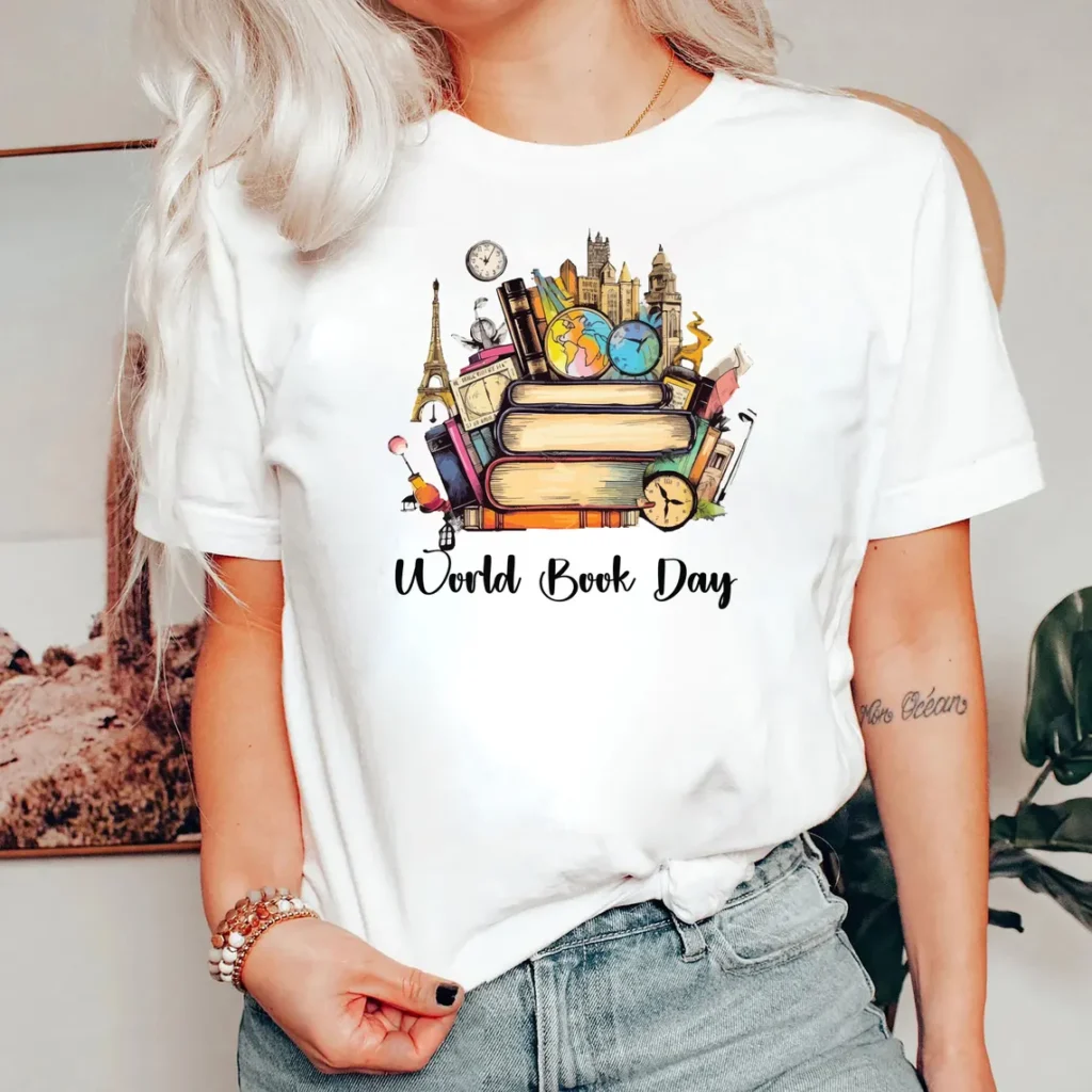 A woman wearing a white T-Shirt with a World Book Day design on the front. 