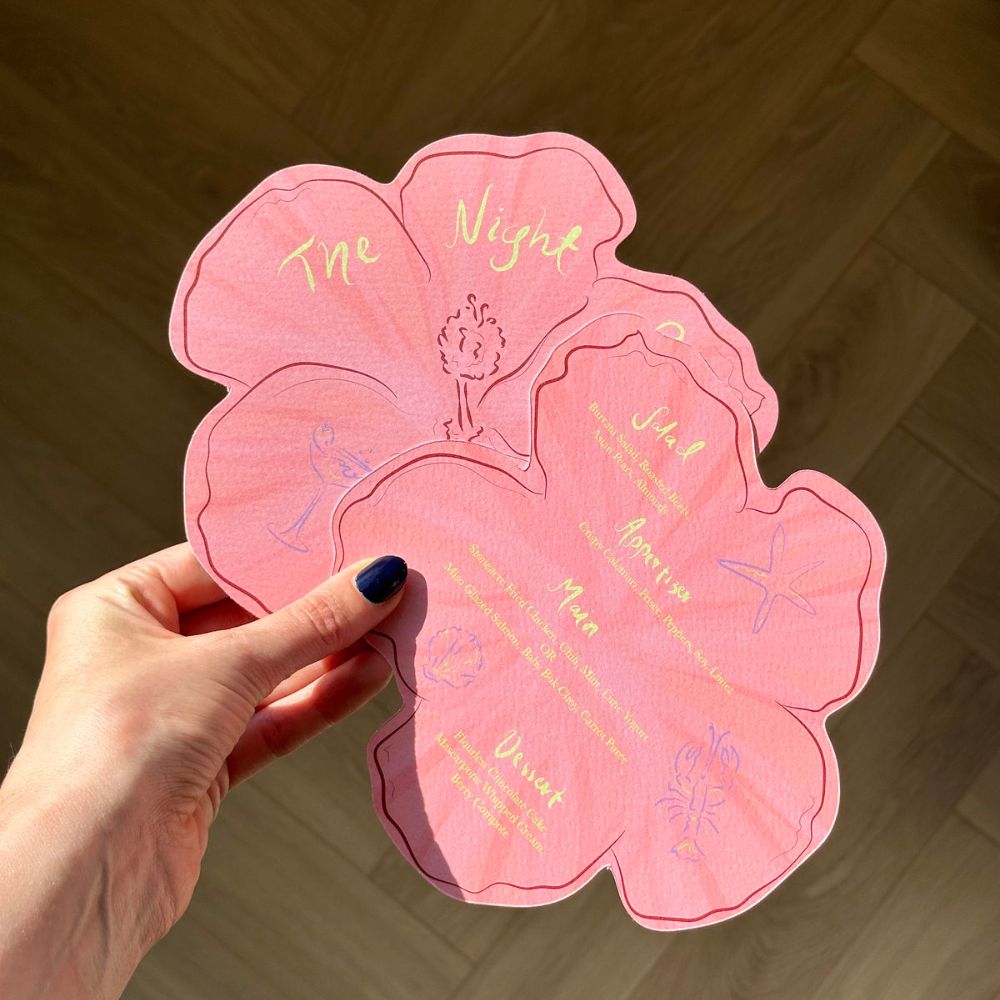 Printed.com's bespoke shaped Wedding Menu in the shape of a flower. 