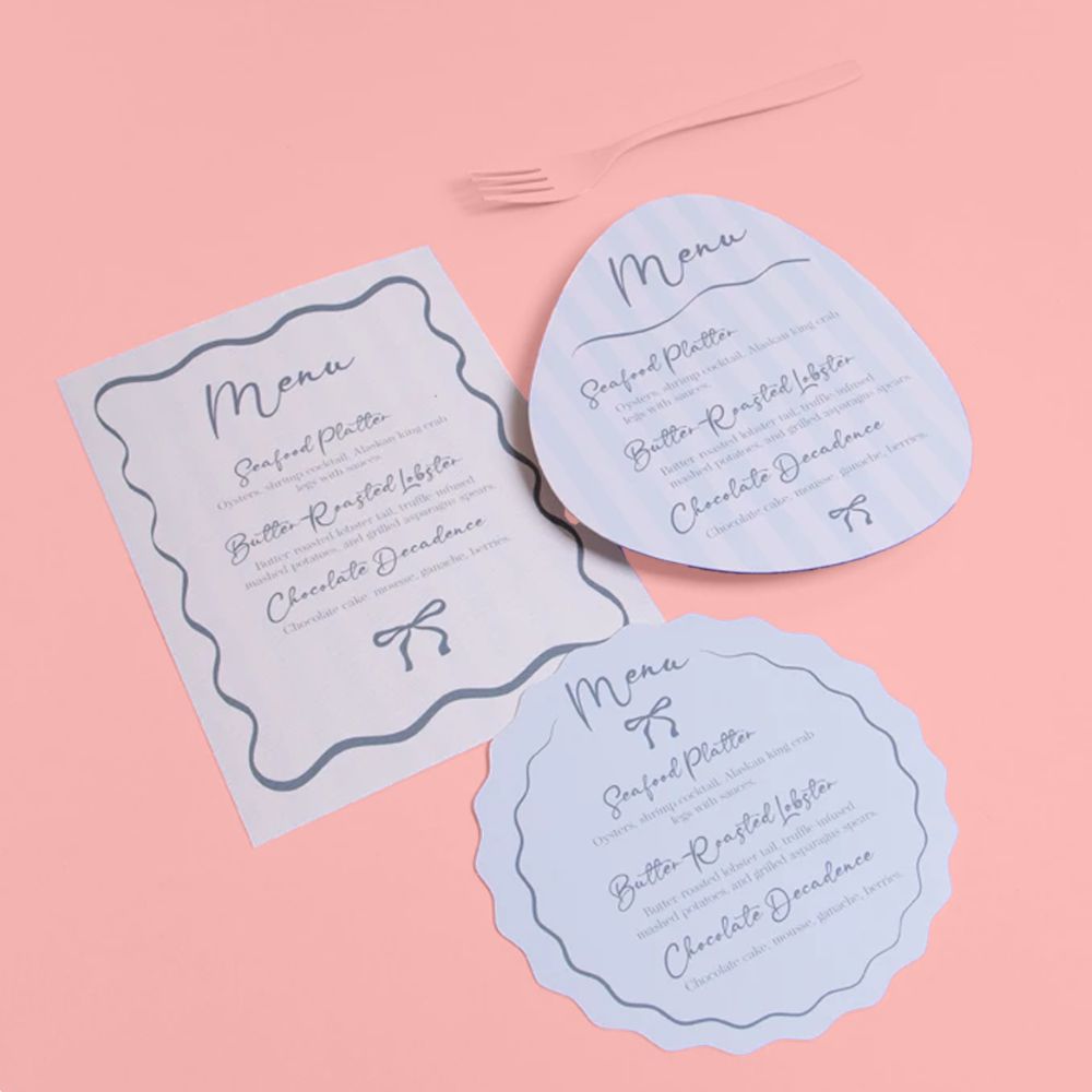 Printed.com's shaped Wedding Menus - classic rectangle, pebble, and wavy circle. 