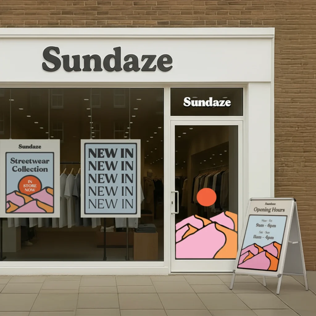 A selection of Signage both outside and within a shop window. The shop is called "Sundaze".