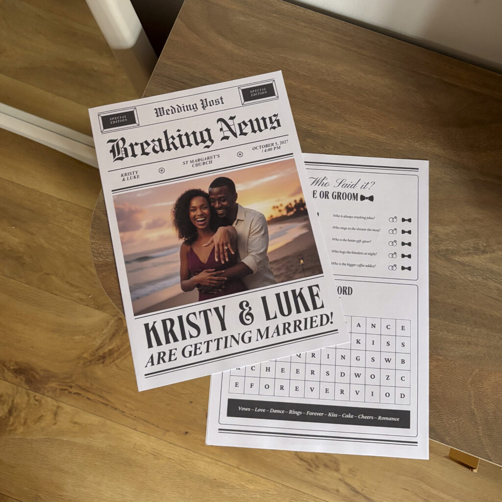 Wedding Newspaper for Kristy and Luke.