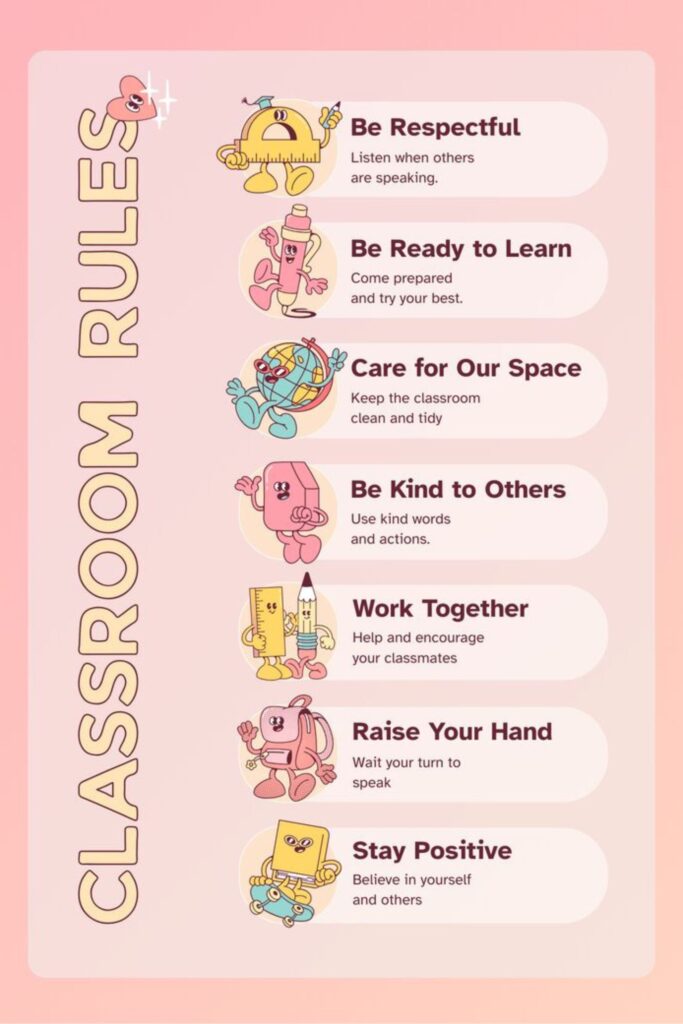A Poster with a pink background, showing a list of classroom rules. 
