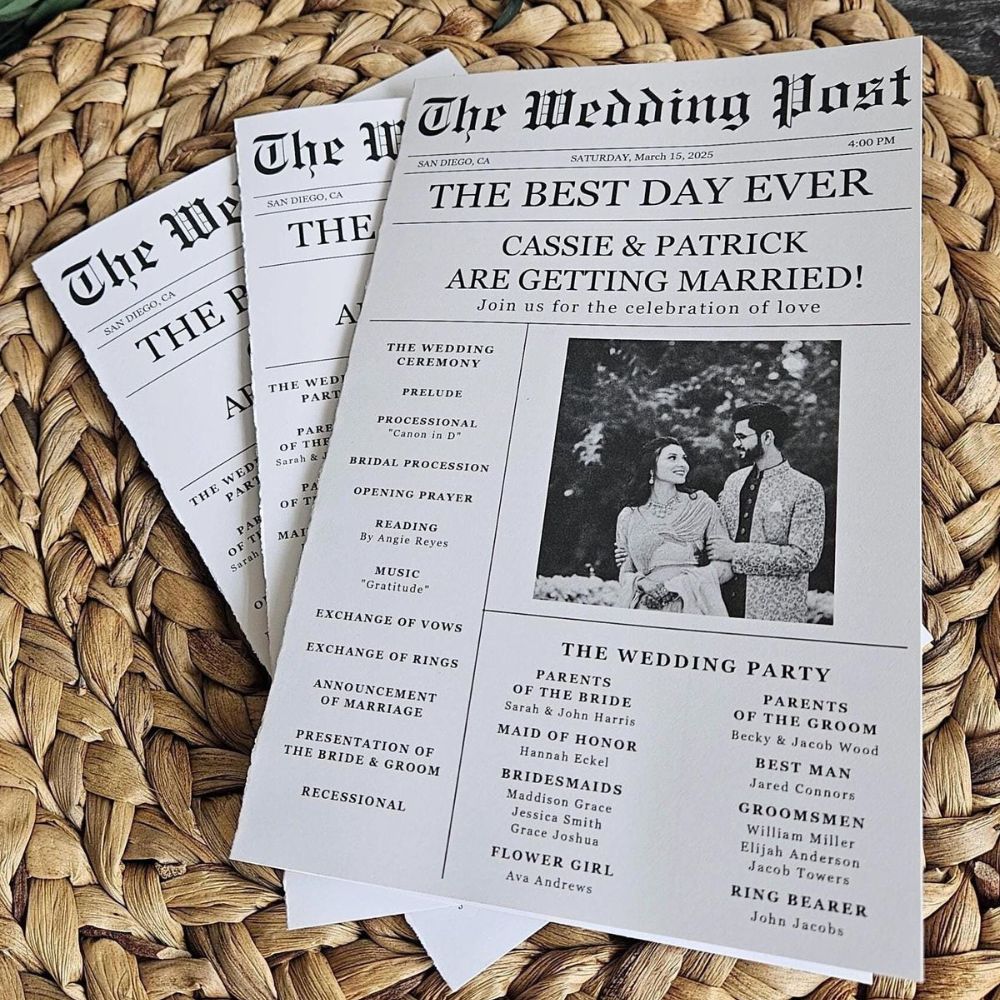 A Wedding Newspaper for a couple named Cassie and Patrick. It features an order of service and list of the wedding party. 