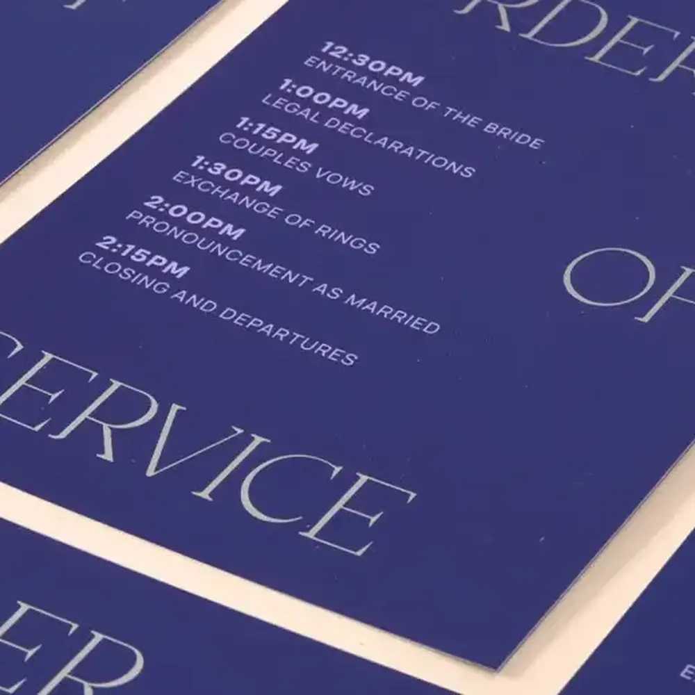 A close-up image of a Wedding Order of Service featuring timings from the "Entrance of the Bride" to "Closing and Departures". 