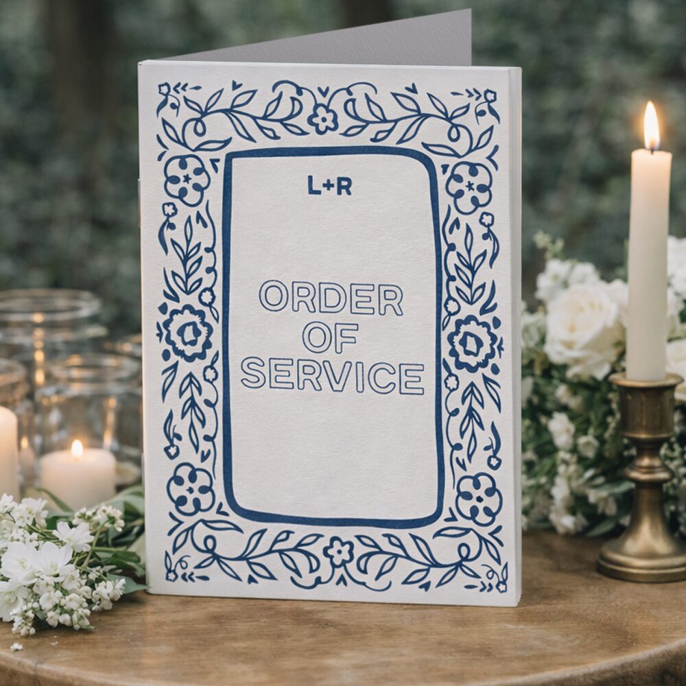 A printed Wedding Order of Service featuring the couple's initials "L + R" with a blue pattern on a white background. 