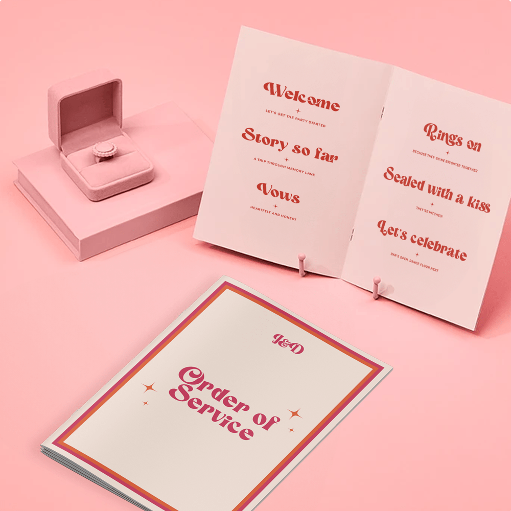 A pink Wedding Order of Service with red text and details.