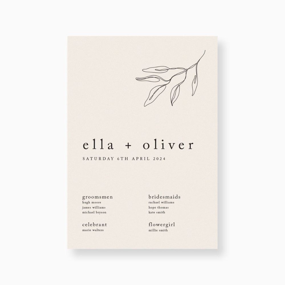 A modern Order of Service design with a typewriter-style font and fine line illustration. 