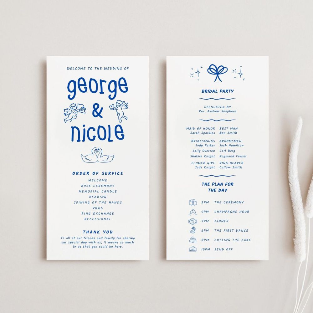 A laidback Order of Service with a handwritten style font and hand drawn illustrations. 