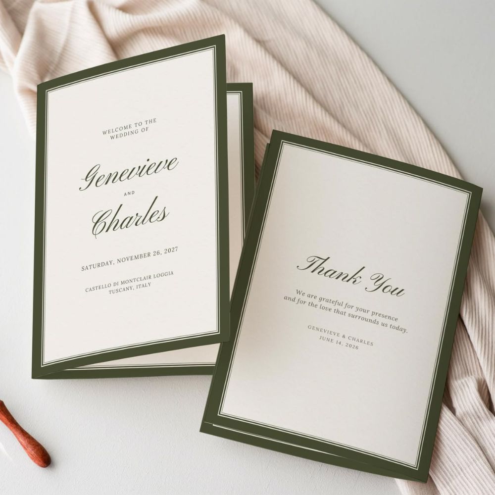 The front and back of a folded Order of Service. It has a minimal, classic design with a green border and calligraphy-style text. 