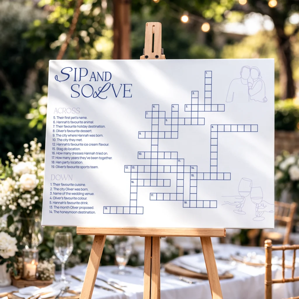 Sip & Solve Wedding Crossword Games Board