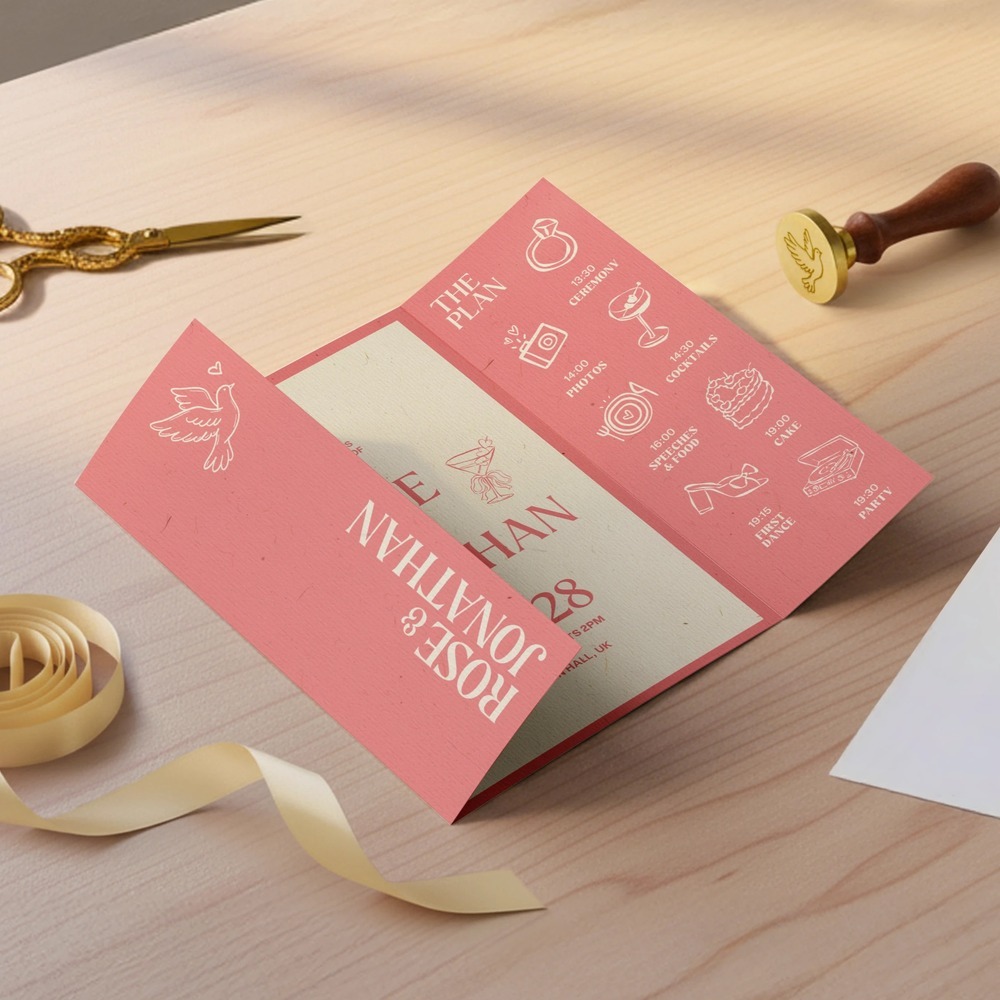 A pink and white Folded Invitation (gatefold). 