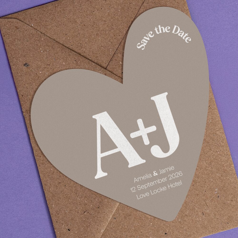 A custom shaped Save the Date, printed through our Bespoke Service. Stone coloured card with White Ink printing. 