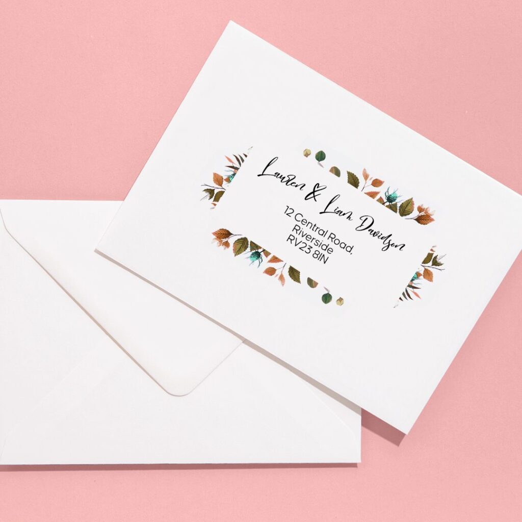 White Printed Envelopes featuring a name, address, and leaf motif. 