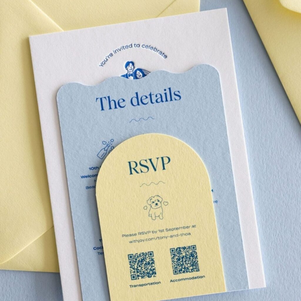 A modern, tiered wedding invitation suite is displayed against a periwinkle blue and butter yellow background. The suite features a layered design with three distinct cards stacked on top of each other.
The top card is a small, butter yellow RSVP card with an arched top, featuring a serif font, a small line illustration of a fluffy dog, and two QR codes at the bottom for transportation and accommodation details.
The middle card is a light periwinkle blue with a wavy, scalloped top edge, titled "The Details" with a small illustration of a champagne bottle and event information listed below.
The base card is a white textured rectangular card featuring curved text at the top that reads "You’re invited to celebrate" above a small, colorful illustration of a smiling couple peaking over the blue card. The entire set is flanked by two matching pale yellow envelopes, creating a bright and contemporary aesthetic.