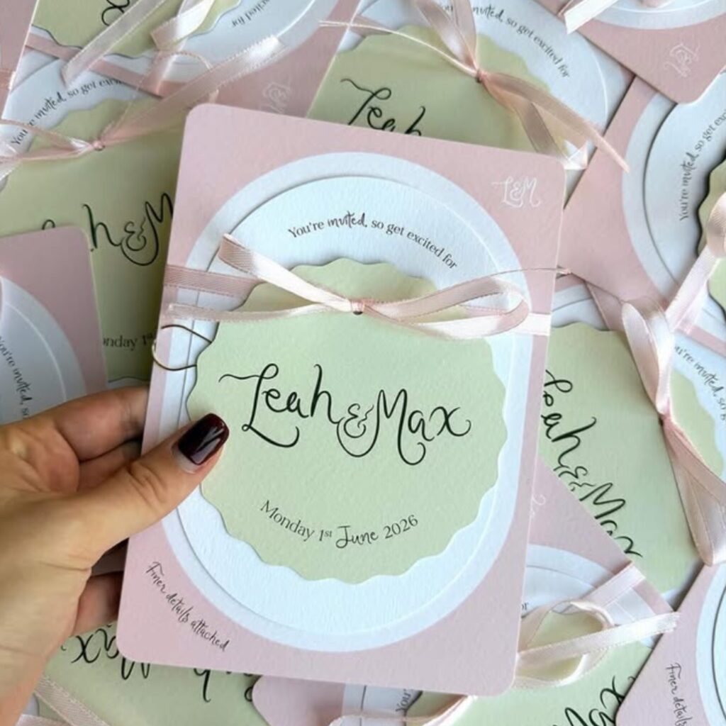 A person’s hand holds a single wedding invitation over a scattered pile of identical invites. The main invitation is a rounded pink rectangle featuring a white oval centre and a scalloped sage green card on top. The names Leah and Max are written in black calligraphy above the date Monday 1st June 2026. A thin pink satin ribbon is tied in a bow across the centre. Curved text at the top reads, You’re invited, so get excited for, and the bottom corner notes, Finer details attached. The overall design uses a soft strawberry and matcha pastel colour palette.