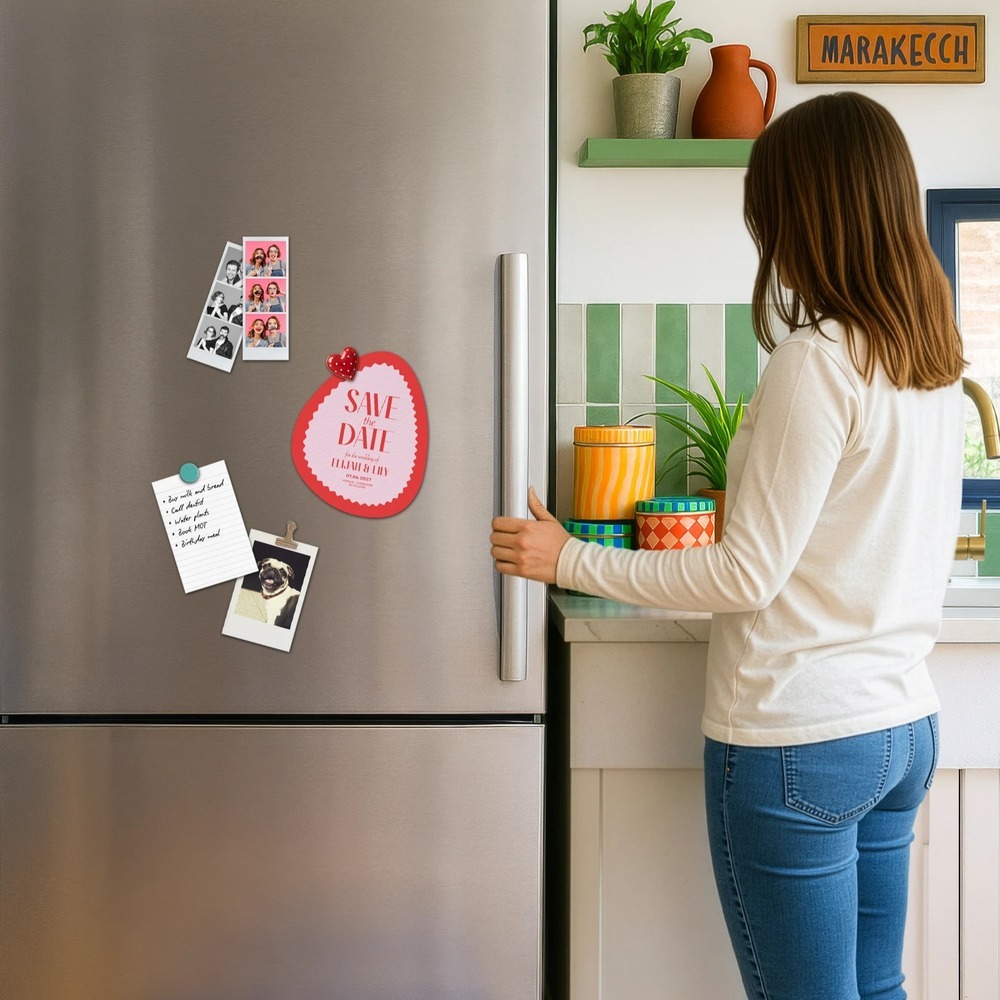A Save the Date on a fridge, surrounded by photographs and notes.