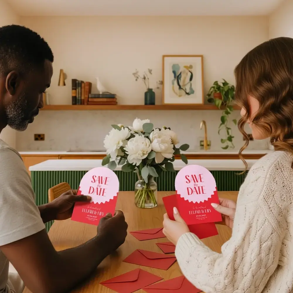 A couple holding their Save the Dates, which are red and pink.