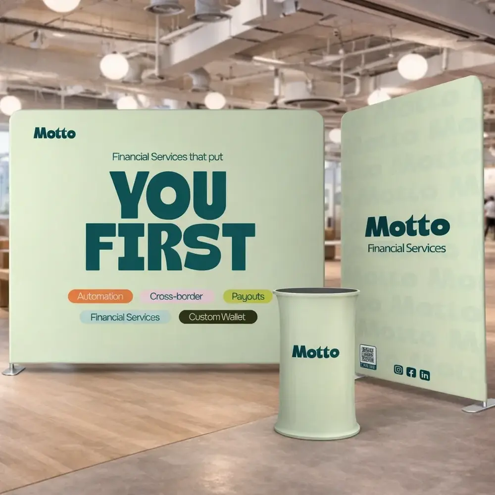 2 Stretch Fabric Display Stands Indoors