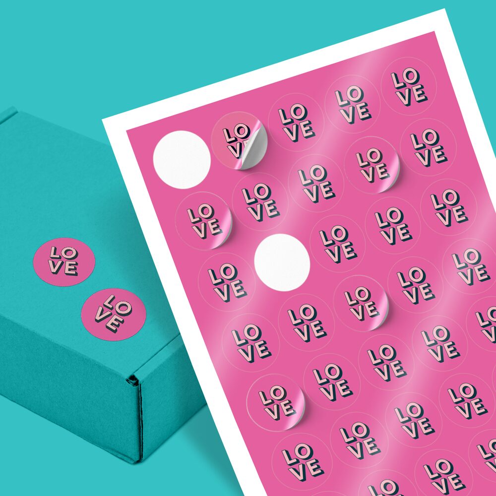 Pink Sticker Sheets with the word "love" on the design.
