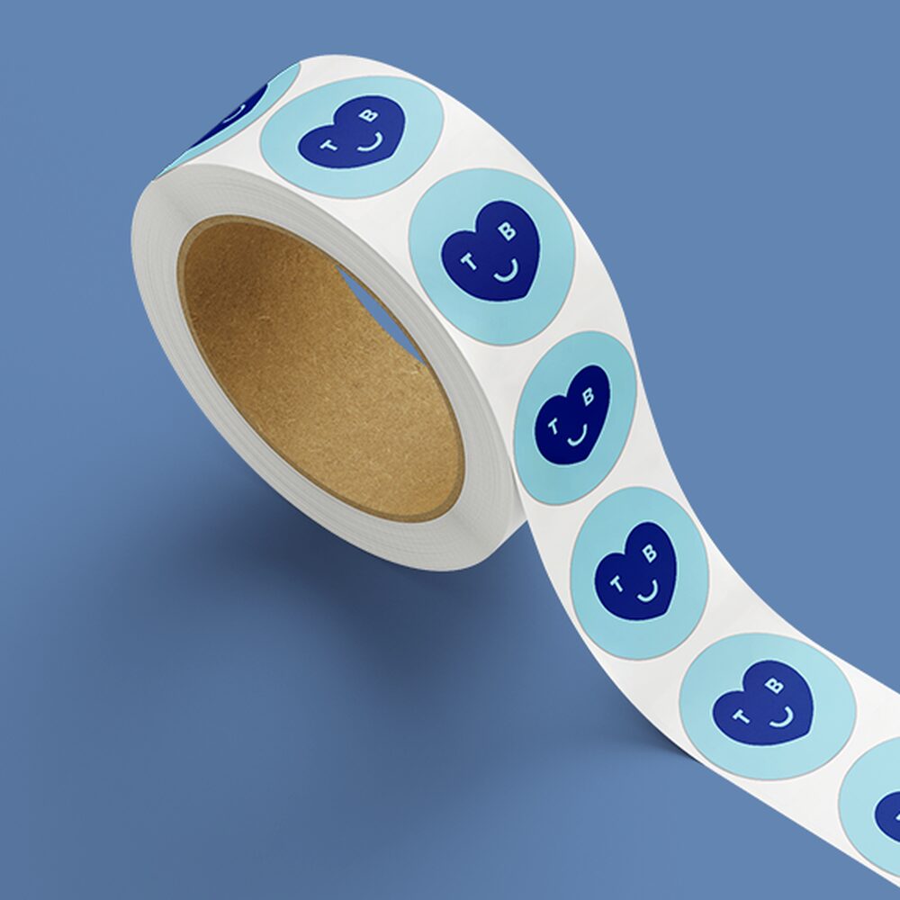 Stickers on a Roll in a dark and light blue design.