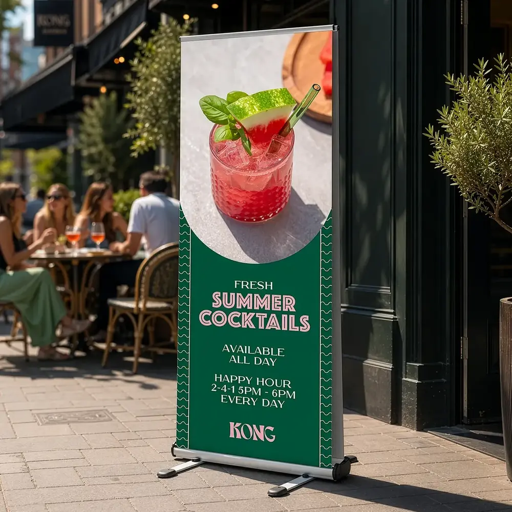 An Outdoor Roller Banner advertising summer cocktails at a bar.