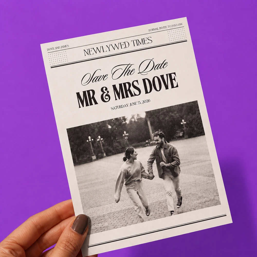 A hand holding a newspaper themed Save the Date for "Mr and Mrs Dove".